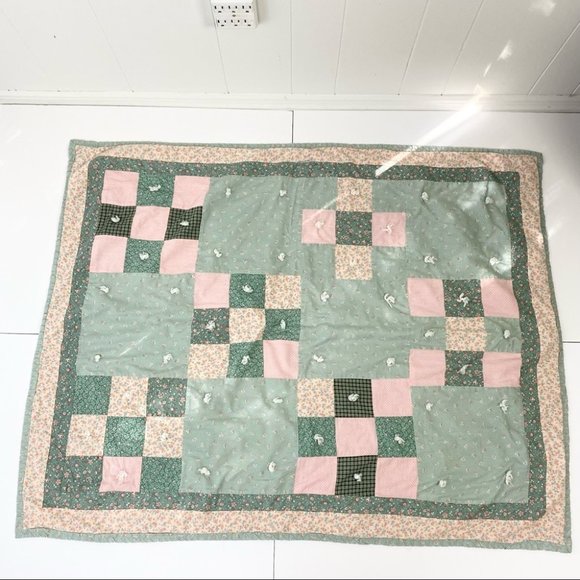 Hand Crafted Other - Hand Crafted Pink and Green Square Style Floral Rectangular Baby Quilt 35" x 45"